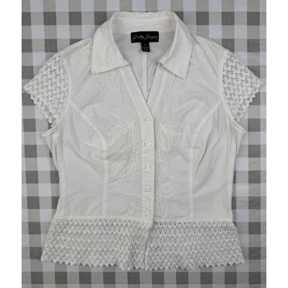 Gretty Zueger White Med Embroidered Lace Blouse Boho Western Cottagecore Peasant